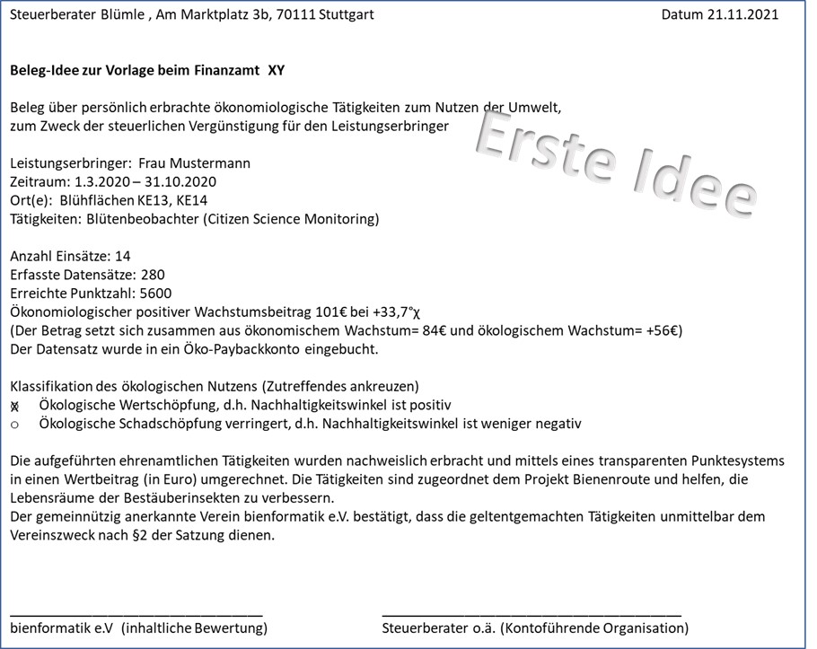 Erste Idee für einen Beleg zur Vorlage beim Finanzamt